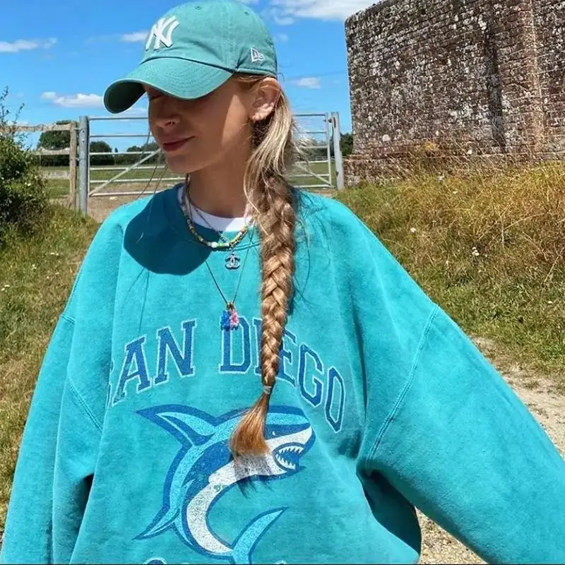 

Ins Hot Blue-green Letter Printed Sweatshirts Vintage Y2K Thick Winter Clothes Women Long Pants Oversized Harajuku Clothes Teens