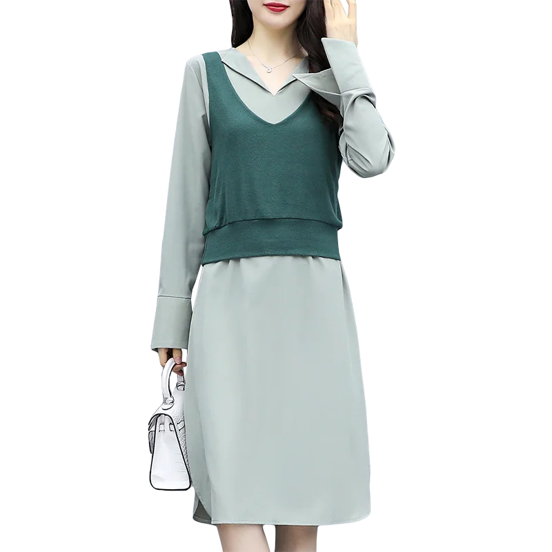 Женский офисный комплект из двух предметов однотонное шифоновое платье с