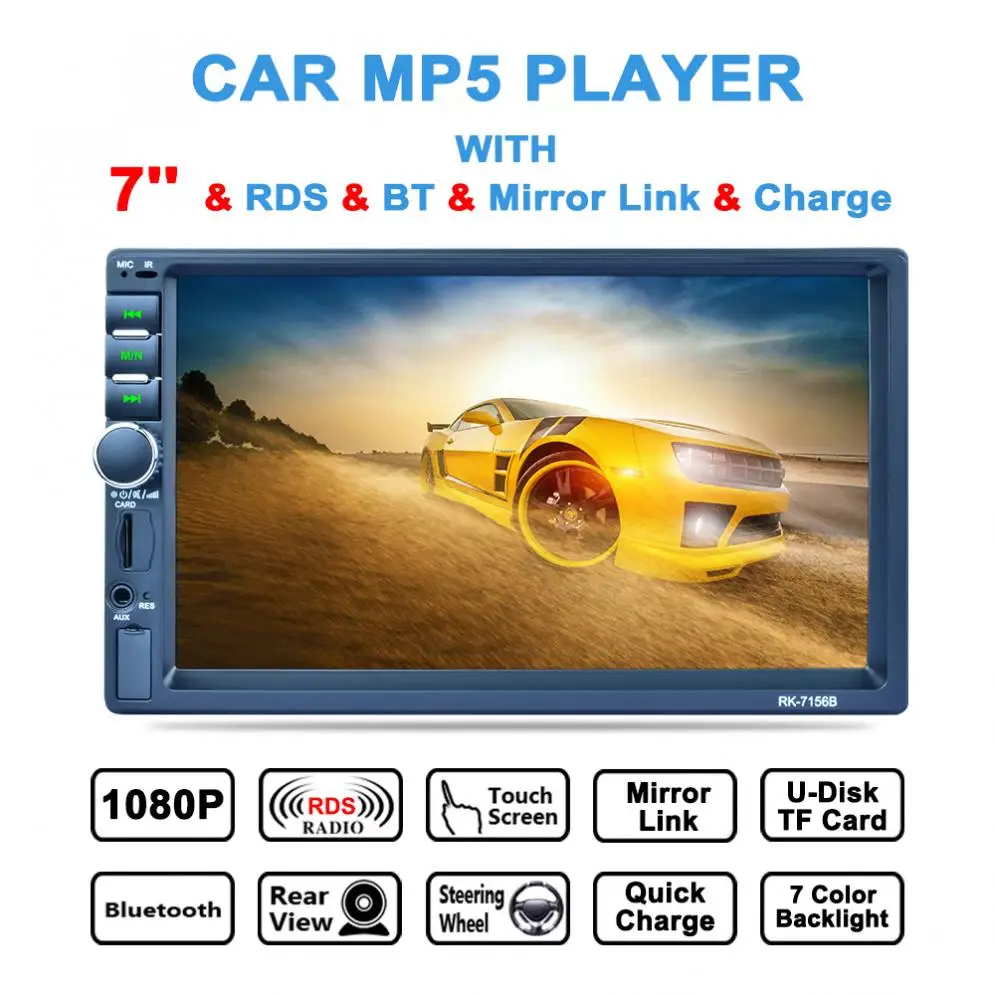 

7 Inch 2 DIN Bluetooth In Dash HD Touch Screen Car Video Stereo Player AM / FM / RDS Radio Mirror Link / Aux In / Rear Camera