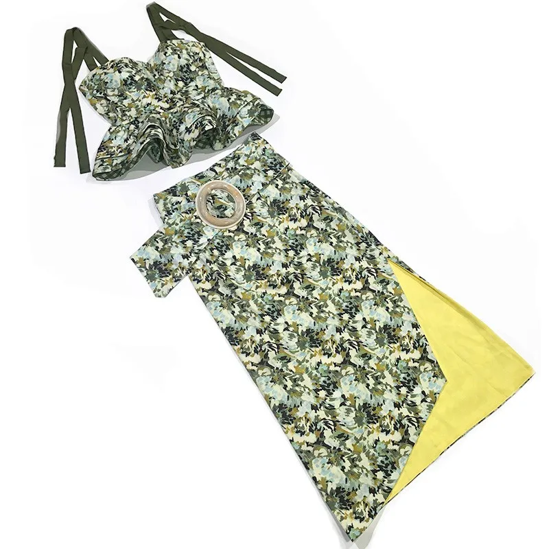Elegant Yellow Plaid Sleeveless Tops + Irregular Skirts 2020 Summer High Quality Printed Sexy Wasp Waist Tops and Empire Skirt