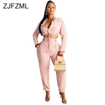 

Sexy Pink Birthday Outfits for Women Turn-down Collar Long Sleeve Buttons Up Crop Tops and Empire Pockets Pants Suit 2 Piece Set