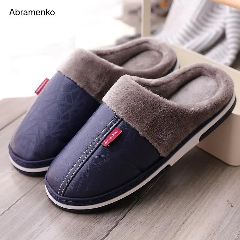 Men's Warm Home Slipper Winter Leather Indoor Flats Plush Non-slip Slipper Shoes 