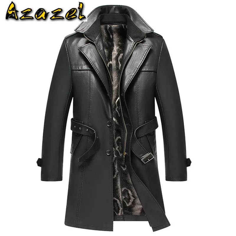 

Simple Fashion Sheepskin Windbreaker Mens Real Leather Jacket and Coats Plus Size 4XL Men Velvet Padded Winter Trench Coat Brand