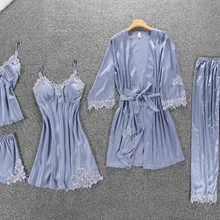 Новинка, комплект из 5 предметов, топ на бретелях, штаны, женская пижама комплекты одежды для сна, Весенняя домашняя ночная рубашка соблазнительное кимоно Халат