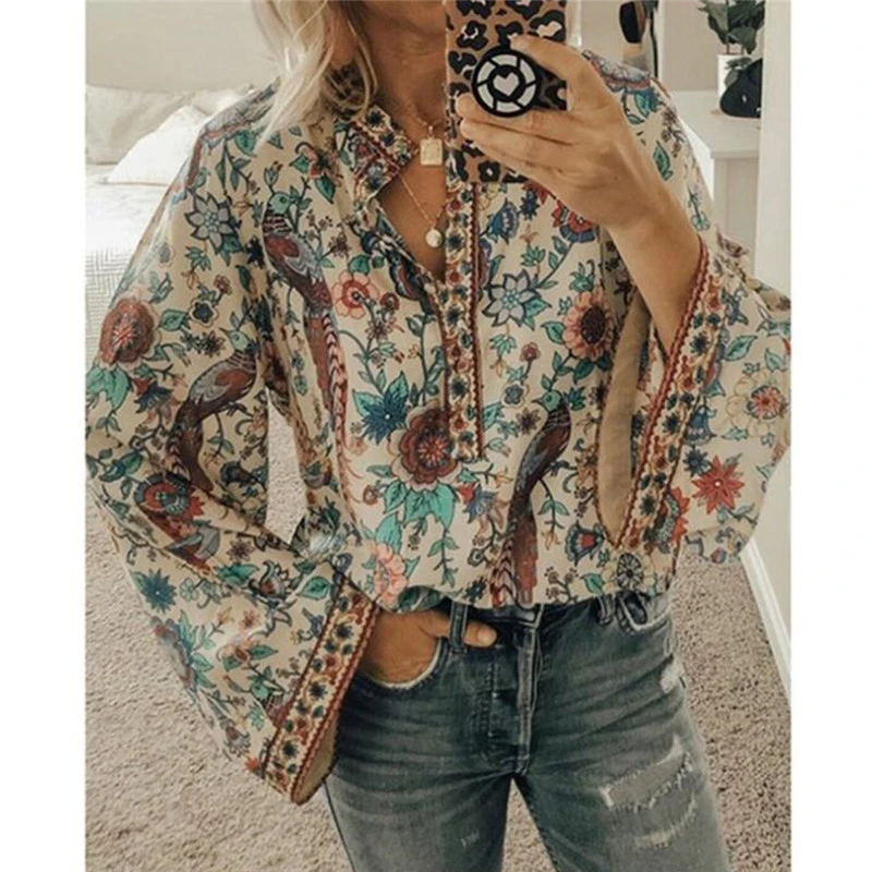 Pulido Aislar pistola Elegante mujer Boho linterna manga larga suelta cuello en V camisas  florales tapas señoras Hippie túnica blusa camisa otoño Casual|Blusas y  camisas| - AliExpress