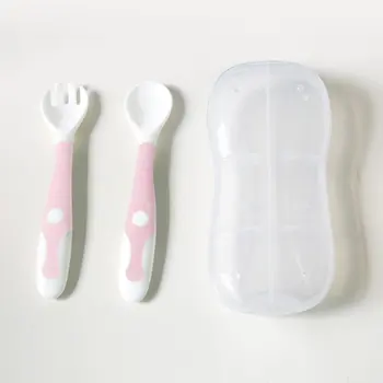 

Eco-friendly Portable Baby Kids Infant Self-feeding Flatware Training PP Foldable Bent Fork Spoon Set