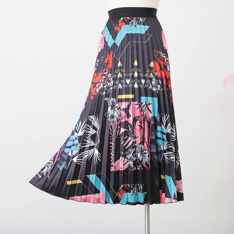 Плиссированная юбка, осенняя мода, для путешествий, с принтом, эластичная талия, длинная, трапециевидная, с высокой талией, юбка