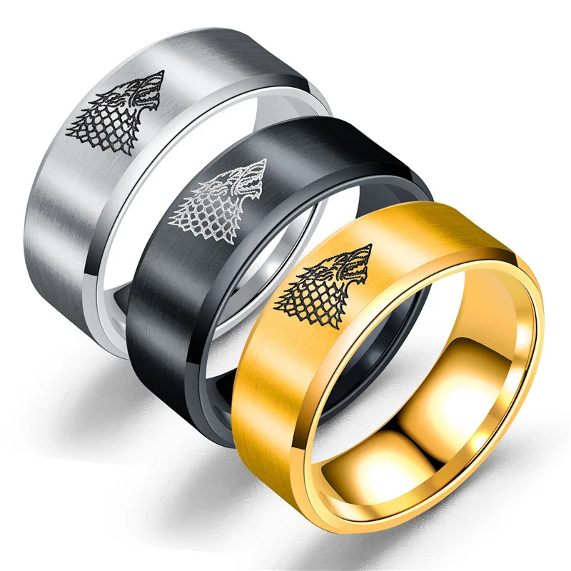 8MM Game of Ice Wolf Ring House Stark of Winterfell Men Ring Engraved Wolf Punk Vintage Rings punk rings,finger rings,fashion ring,fashion rings,metal rings