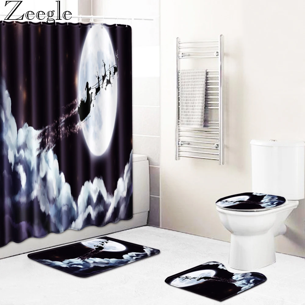 Zeegle Christmas Bath Curtain Waterproof Shower Curtain Anti-slip Bathroom Carpet Set Washable Shower Mat Absorbent Bath Mat Set