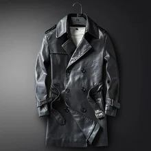 Осенняя мода мужская кожаная модная трендовая тонкая Корейская кожаная куртка мужская длинная двубортная кожаная куртка