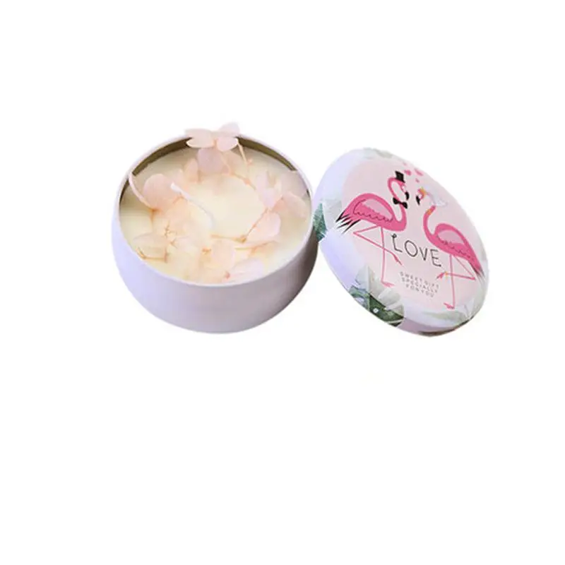 Dried Flowers Incense Cup Scented Candle Aromatherapy Candles Desktop Tinplate Candlestick Gift for Birthday Wedding(Flamingo