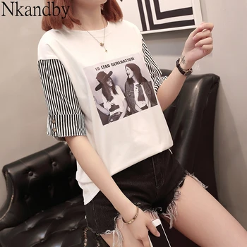 

Plus Size Striped Patchwork Tops Tees 2020 Summer Women Casual Loose Roll-up Sleeve T-shirt Oversized Graphic Trendy Tshirt