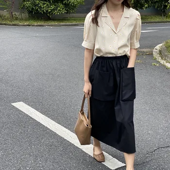 

HXJJP Summer 2020 New Daisy Floral Vintage Shirt Women's Suit Collar Shirt Puff Sleeve Women's Blouse