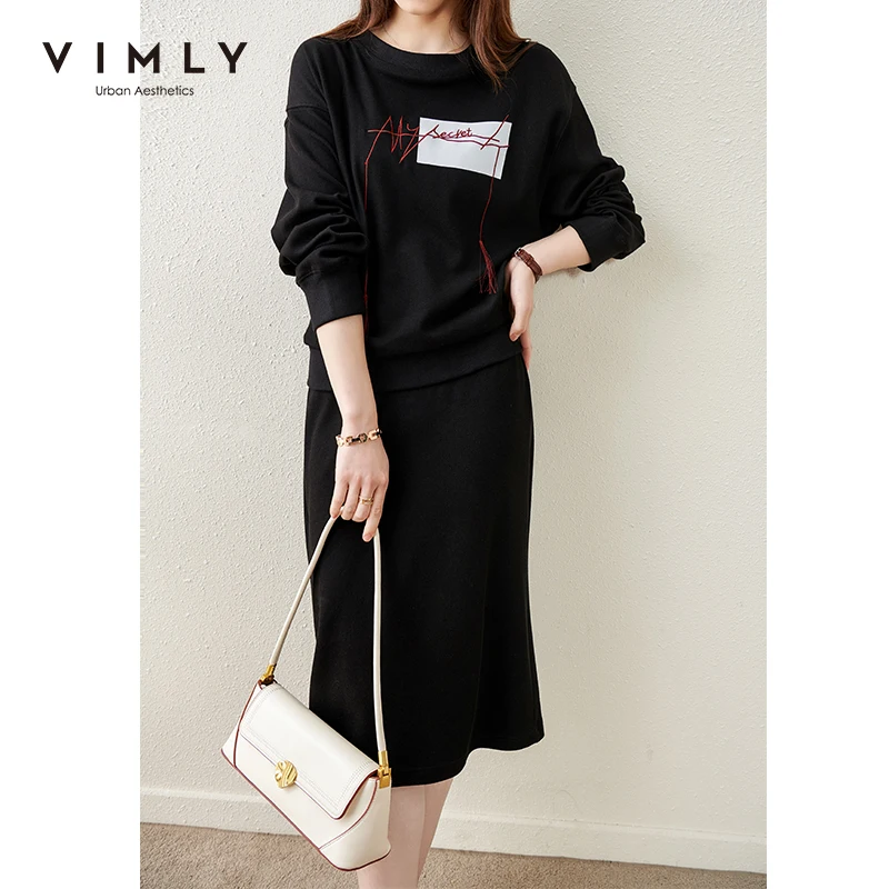VIMLY Women Sweatshirt Set Fashion Print Round Neck Hoodies High Waist Aline Skirt Casual Clothing Female 2 Piece F6570 |