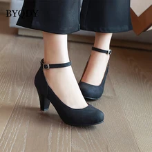 BYQDY Fashion Flock Woman Pumps Mary Janes Hoof Heels Shoes Spring PVC Buckle Strap Round Toe Shoes Party Footwear Big 41-48