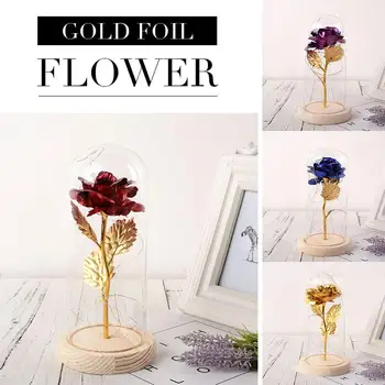 

Rose Flower Gold Foil Rose Eternal Flower Immortality Romantic LED Luminous Glass Cover Flowers Valentine'S Day Party Gift