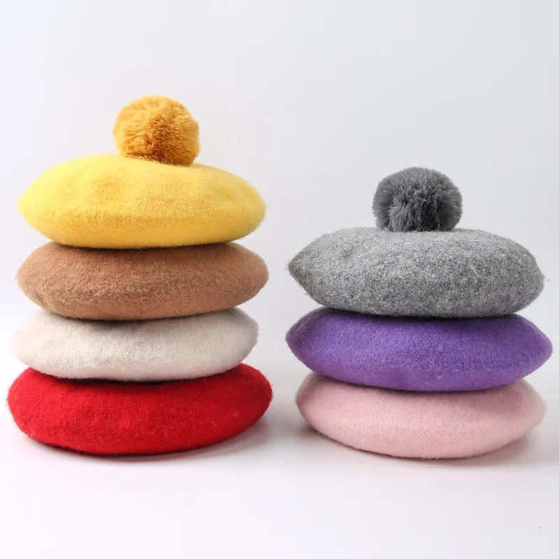 Children Pompoms Beret Hat Solid Color Octagonal Cap Girls Winter Wool Painter Hats For 1-3 Years Kids