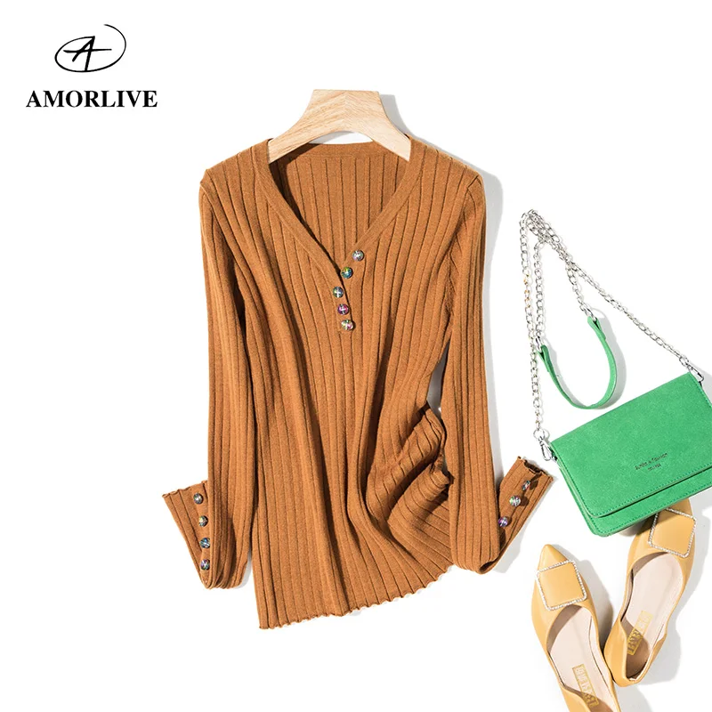 

AMOR LIVE Autumn Winter Anti-pilling Slim Fit Sweater Pullover Women's Sweaters Casual Tops Woman Long Sleeve Solid Bottoms