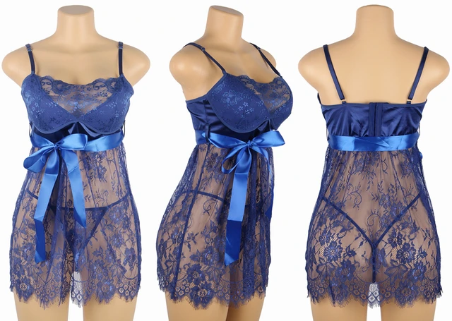 Pigiama Sexy In Pizzo Per Taglie Forti - Camicia Da Notte Con Spalline Regolabili E Perizoma - Foto 3