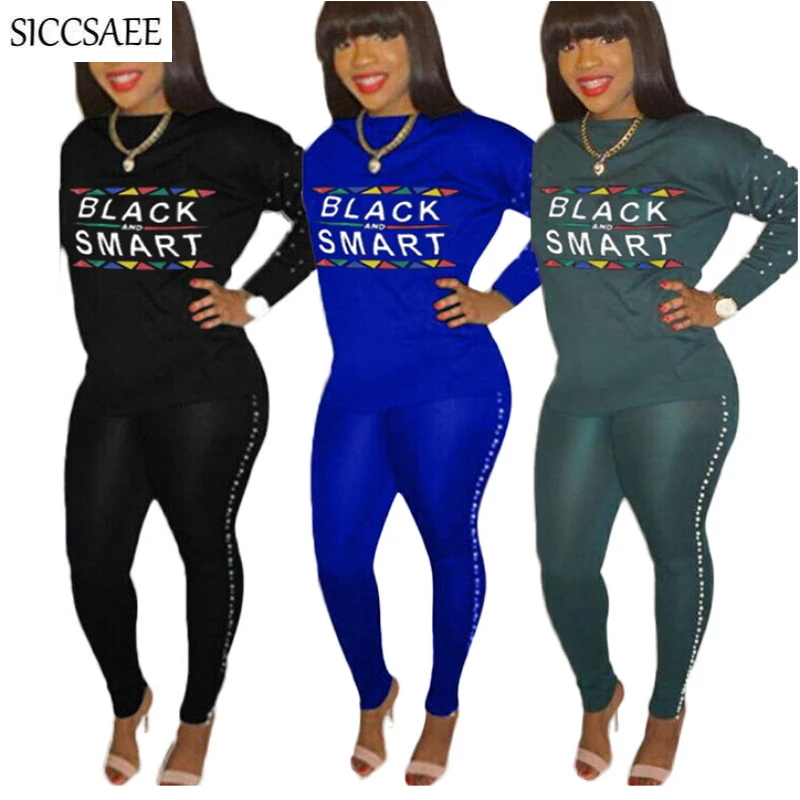 

Pearl Beaded Two Piece Set Letter Printed Long Sleeve Tshirt Pullover Activewear Sexy Casual Outfits For Women Clothing Suits