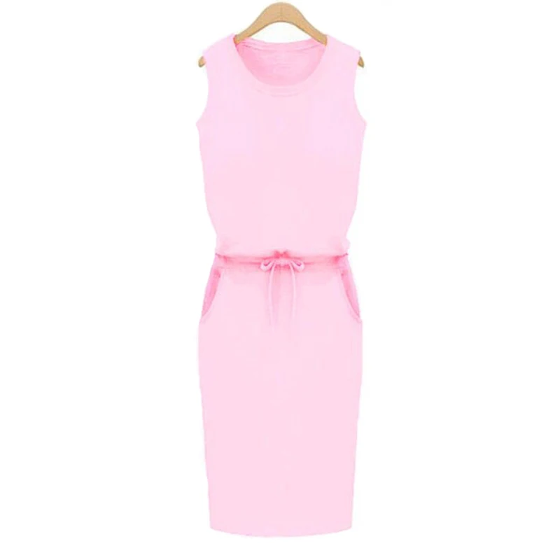 Летнее женское платье, модное, однотонное, хлопковое, облегающее, с карманами, платье-карандаш, для работы, без рукавов, сексуальное, Повседневное платье, Robe Femme J2218 - Цвет: Pink