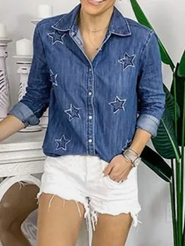 

Fashion Women's Shirt Blouse V Neck Denim Button Star Embroidered Long Sleeve Blouse Top Футболки Женские Plus Size#