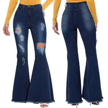 

Women Bell Bottom Jeans Pants High Waist Stretchy Knee Ripped Denim Trousers XRQ88