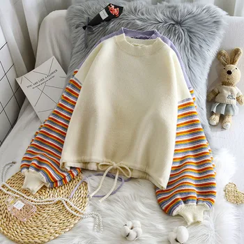 

Lantern Sleeved Striped Knitted Women Sweater And Pullovers O-Neck Loose Empire Drawstring Casual All Match Female Pulls Outwear