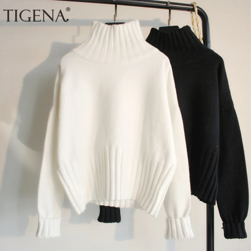Baratos TIGENA suéter de cuello alto de diseño de moda jersey de mujer 2019 invierno suelto de manga larga de punto suéter mujer negro blanco