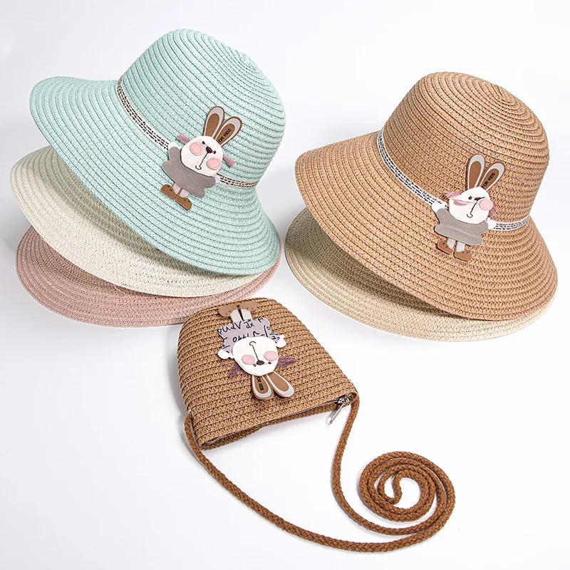 Girl kids Straw Hat Handbag Sets Child baby Outdoor travel holiday beach floppy hat bags set flower sun hat,sun protection hat