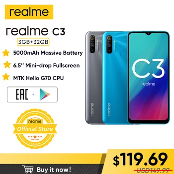 Перейти на Алиэкспресс и купить Realme C3 глобальная версия 3 Гб RAM 32 ГБ ROM Pro мобильный телефон MTK Helio G70 CPU 12MP камера 6,5 дюйммини-капля полноэкранный 5000 мАч