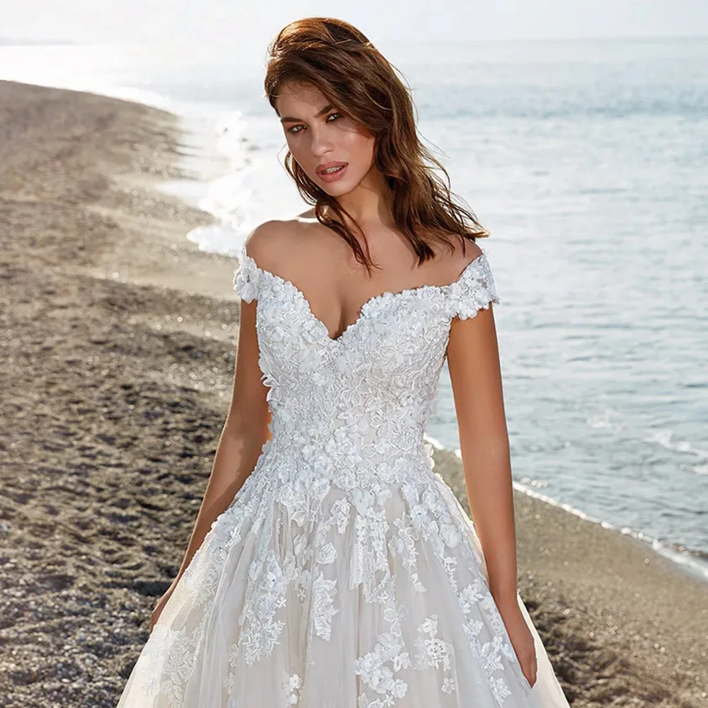 Vestido de Noiva/Свадебные платья трапециевидной формы с открытыми плечами с аппликацией из тюля, роскошные винтажные платья с открытой спиной Abiti da Sposa
