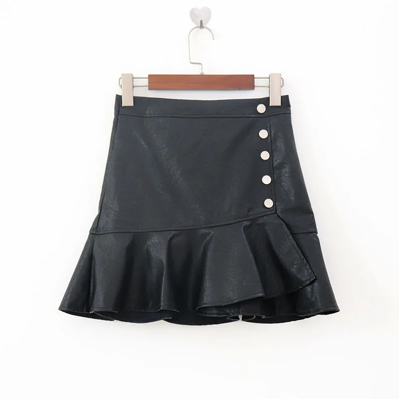 

[Attachment] Photo Shoot Flounced PU Leather Fishtail Skirt 2018 Autumn And Winter New Style Buckle Skirt Anti-Exposure Short Le