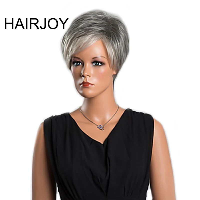 HAIRJOY женская серая белая челка синтетический парик Короткие вьющиеся парики