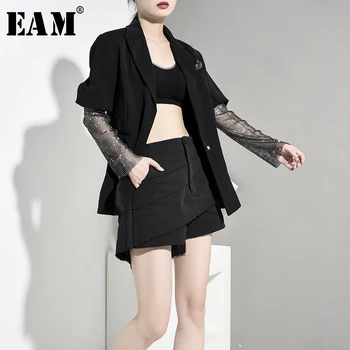

[EAM] Loose Fit Black Shining Rhinestone Split Joint Jacket New Lapel Long Sleeve Women Coat Fashion Spring Autumn 2020 1A3090