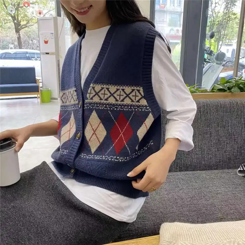 Femmes Contraste Diamant Imprime Chandails Gilet Automne Coree Tricot Reservoir Hauts 2021 Nouveau Printemps Femme Gilet Ample Livraison Directe Aliexpress