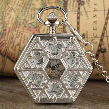 

Vintage Hexagon Hollow Manual Mechanical Pocket Watch Silver/ Red Copper Pocket Clock Steampunk Antique Hand Winding Watches