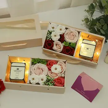 

Romantic Artificial Rose Flower Gift Box With Aroma Candle For Valentine's Day Anniversary Flower Soap Wedding Party Decoration