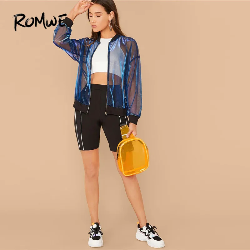 lower price  ROMWE Zip Front Sheer Mesh Bomber Jacket Women Blue Stand Collar Sexy Highstreet Fall Jacket Sheer 