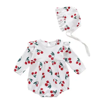 

Newborn Baby Girl Clothes Cherry Print Rompers Long Sleeve Fall Clothes Jumpsuit Playsuit + Hat Outfits Infant Clothing Set