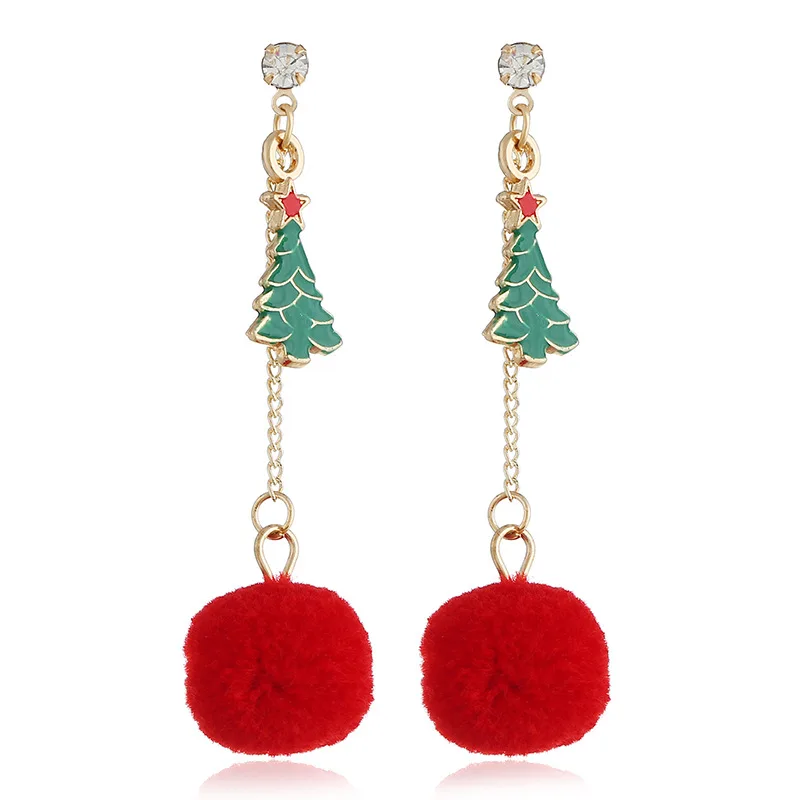 

Pom Pom Ball Earrings Gold Red Christmas Tree Candy Cane Enamel Tassel Earring Fashion Jewelry For Women 55mm-60 x 15mm, 1 Pair