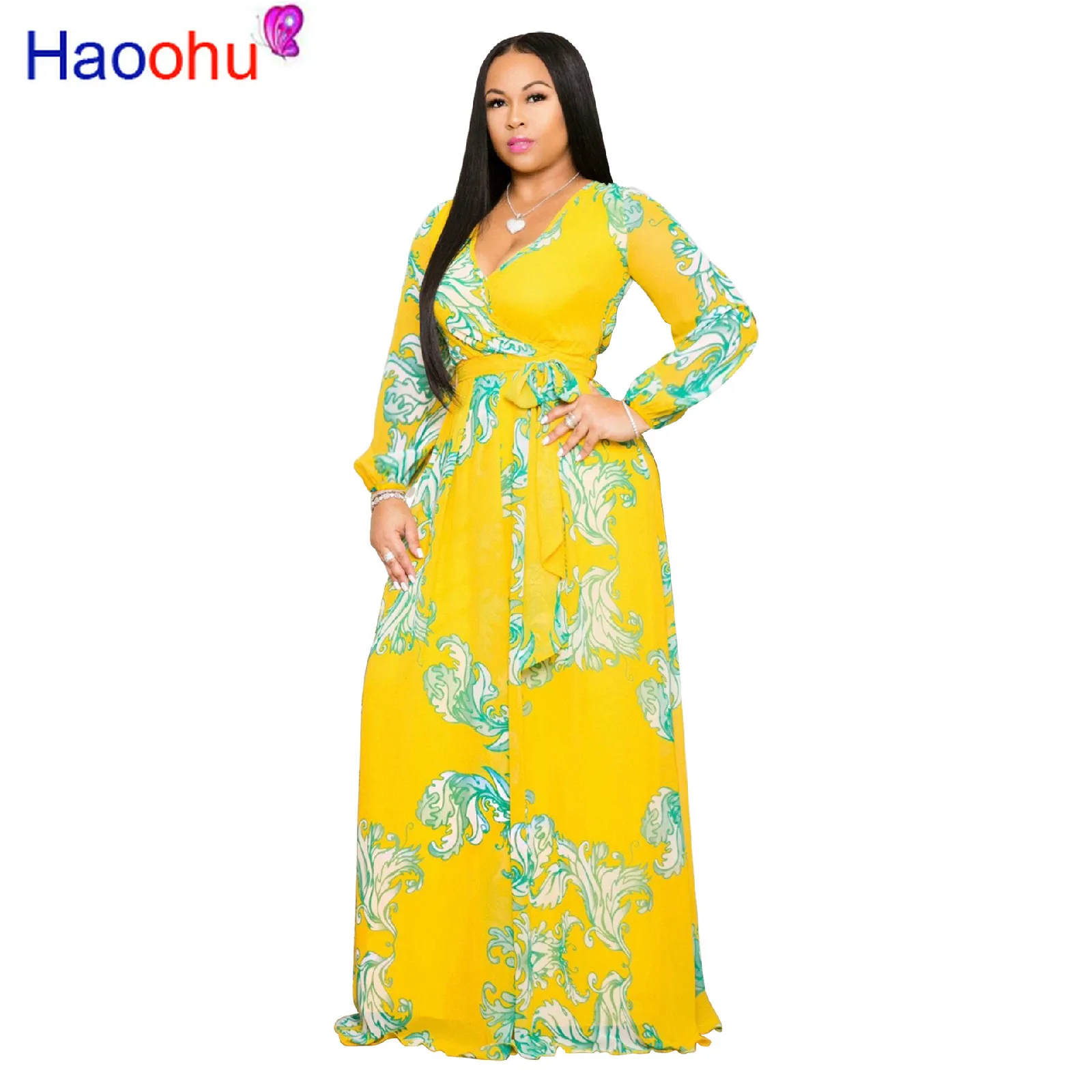 

HAOOHU 2019 Summer Women Maxi Dress print Chiffon Plus Size boho style vestidos Elegant Beach Long Dress Big Size Dresses