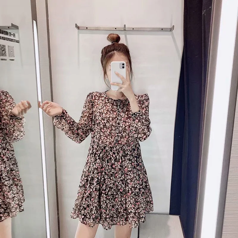Aachoae Boho Style Floral Print Pleated Dress Long Sleeve Women Mini Dress O Neck Loose Ladies Dresses Beach Sundress Ropa Mujer