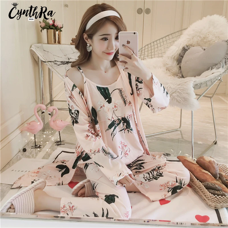 CYNTHRA 3Pcs  New Ladies Pajama Set Man-made Silk Sleepwear  Set Long Sleeve Printed Nightclothes Women Breathable Homewear Top