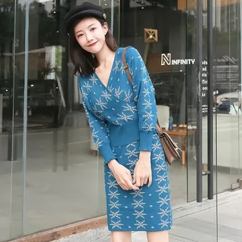 

2020 Autumn Knitted 2 Piece Set Women Sweaters crop tops Skirt set ensemble femme two piece outfits conjuntos chandal mujer