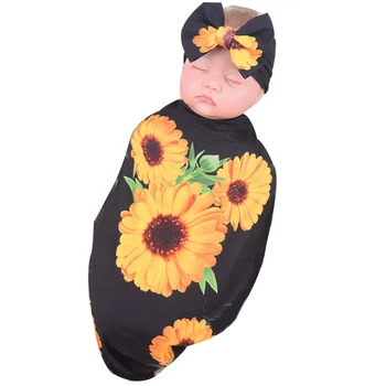 

2Pcs Sunflower Swadding Newborn Baby Cotton Receiving Blanet And Headband Sets Photograph Tools 0-12M