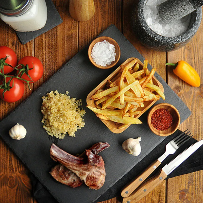 Natural Black Square Stone Slate Dishes Coaster Solid Sushi Steak Barbecue Plate Cheese Pizza Dessert Cake Fruit Dish Tray dining dish