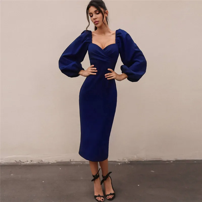 

2020 New Style Lantern Sleeve V-Neck Dress Women's Autumn Winter Shoulder Sexy Open Back Temperament Slim And Slim