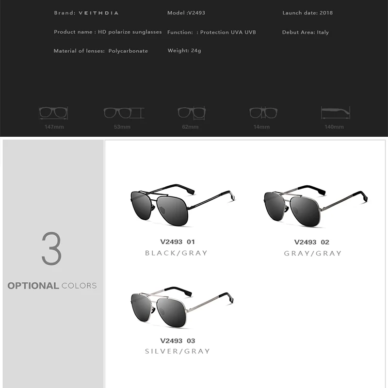 Мужские солнцезащитные очки VEITHDIA, винтажные брендовые прямоугольные очки из нержавеющей стали с поляризационными стеклами, степень защиты UV400, модель 2493