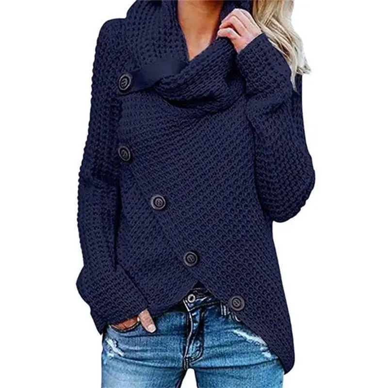 ECN женский осенне-зимний пуловер с длинным рукавом, топы, водолазка, косая пуговица, вафельный трикотаж, неровный подол, свободная толстовка - Цвет: 4